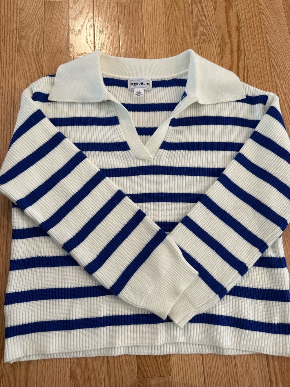For The Republic Cream and Blue Striped Collared Sweater